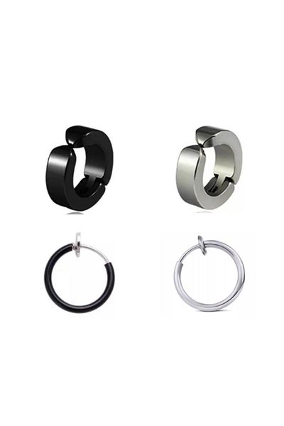 Jaida Moda Unisex Black And Silver 4 Pieces Set Hoop Steel Earrings