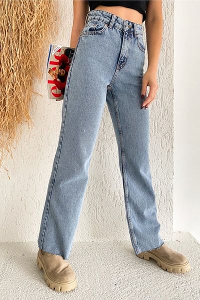 Trn JNS Pantaloni largi cu talie super înaltă din lycra, albastru gheață, anii 90. (SUPER ÎNALT.) Picior lat.