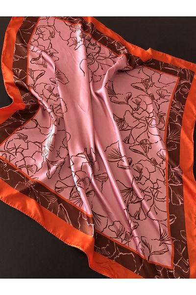 NFS BUTİK Silk Satin Scarf 2 - Salmon, Pink and Brown Line Tone Shawl Pattern