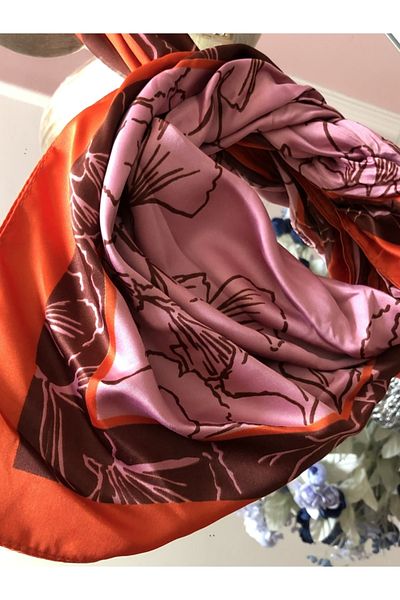 NFS BUTİK Silk Satin Scarf 2 - Salmon, Pink and Brown Line Tone Shawl Pattern