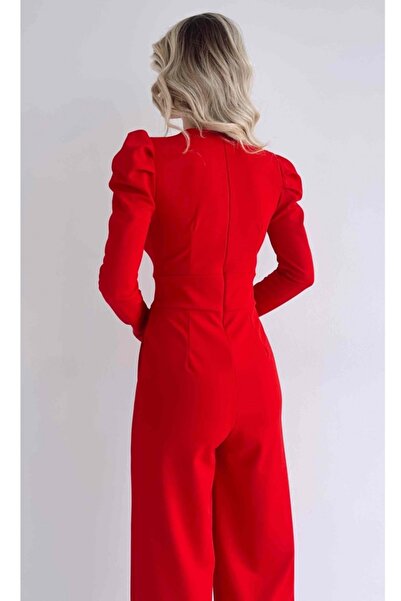 lovebox Flexible Fabric Button Detailed Wide Leg Long Sleeve Red Evening Dress Jumpsuit & Graduation Dress 029
