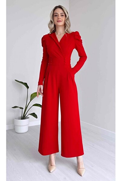 lovebox Flexible Fabric Button Detailed Wide Leg Long Sleeve Red Evening Dress Jumpsuit & Graduation Dress 029