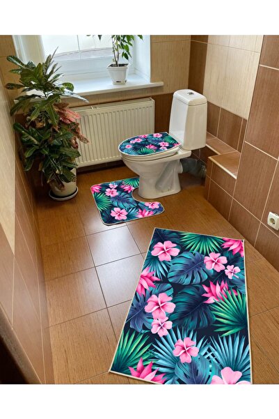 Modern home Botanical Floral Design 3-Piece Bath Mat, Toilet Seat Set Non-Sli...