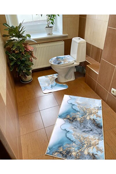 Modern home Mavi 3'lü Set Banyo Paspası, Klozet Takımı Kaymaz Taban Dijital B...