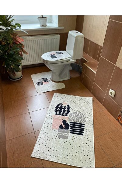 Modern home Cactus Set of 3 Bath Mat, Toilet Seat Set Non-Slip Base Digital P...
