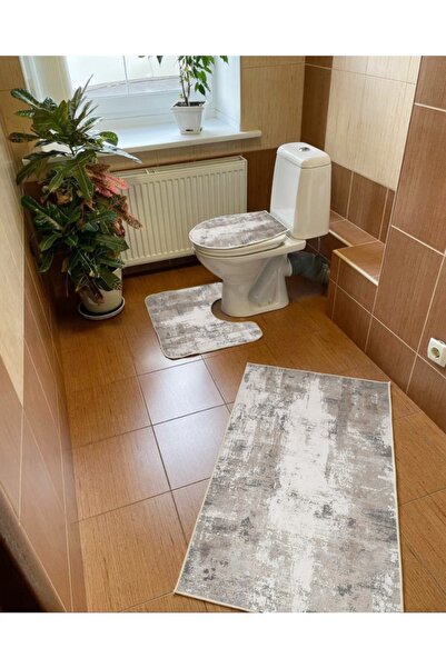 Modern home Gri 3'lü Set Banyo Paspası, Klozet Takımı Kaymaz Taban Dijital Ba...