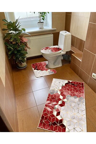 Modern home Geometrik Desen 3'lü Set Banyo Paspası, Klozet Takımı Kaymaz Taba...