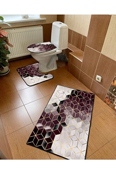 Modern home Geometric Pattern Set of 3 Bath Mat, Toilet Seat Set Non-Slip Bas...