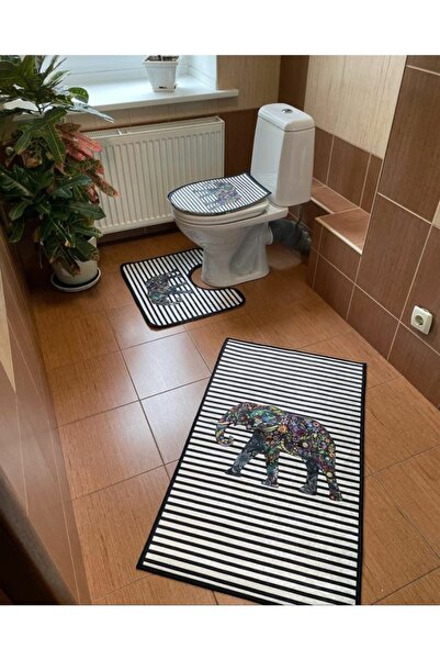 Modern home Striped Elephant Set of 3 Bath Mat, Toilet Seat Set Non-Slip Base...