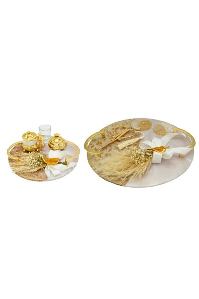 Dolunay STORE Epoxy Round Tray Set Gold Color Promise Tray, Engagement Tray, Ring Tray, Wishing Tray