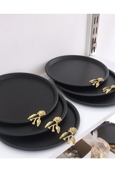 Elzem Decorative Black Color 6 Piece Gold Japanese Rose Coffee Serving Tray