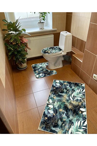 Modern home Plant Design Set of 3 Bath Mat, Toilet Set Non-Slip Base Digital ...