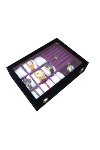 Polo Cross ساعة + حلقة + أزرار أكمام + نظارات صندوق مجوهرات متعدد الأغراض من جلد الغزال الأسود داخل الأرجواني