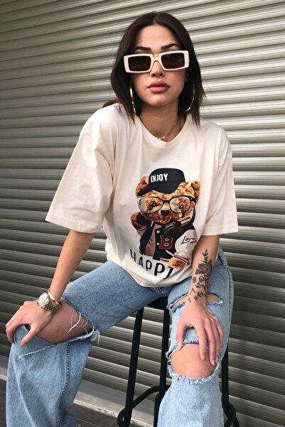 MODAGEN Women's Happier Oversize Printed Beige T-shirt