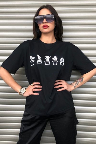 MODAGEN Cactus Printed Black Women's Oversize T-shirt