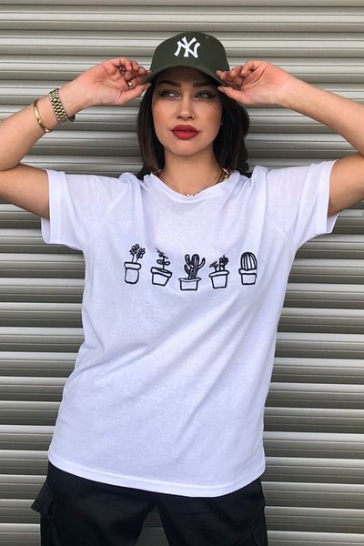 MODAGEN Γυναικείο oversize μπλουζάκι Cactus Printed White
