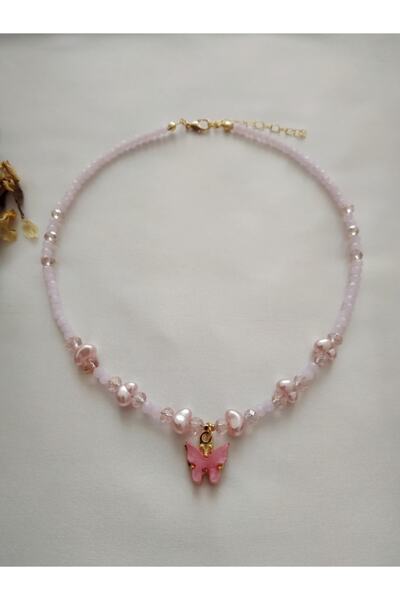 Fata Morgana Accessory Kelebek Uçlu Pembe Barok Incili Kristal Boncuk Kolye