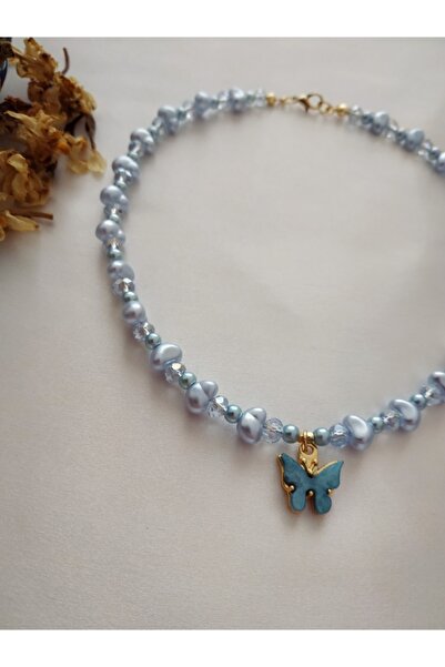 Fata Morgana Accessory Mavi Kelebek Uçlu Barok Incili Kolye
