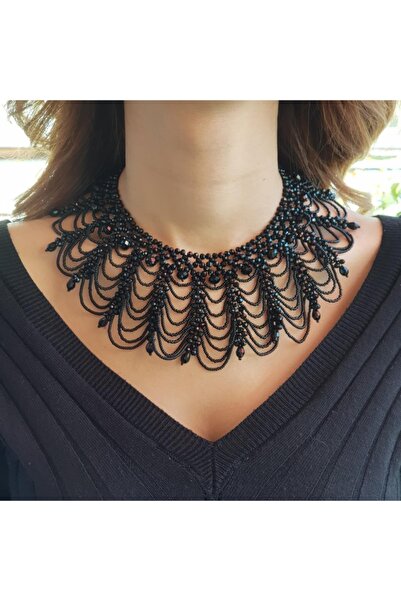 Handmade By HLY El Yapımı Siyah Kristal Taşlı Abiye Kolye