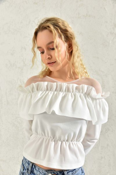VOLT CLOTHİNG Women's White Tulle Detail Blouse