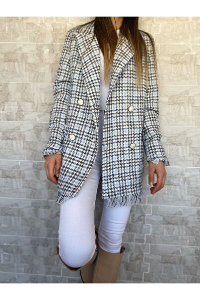 BelezaStore Jachetă Blazer Damă În carouri Alb Albastru Căptușit