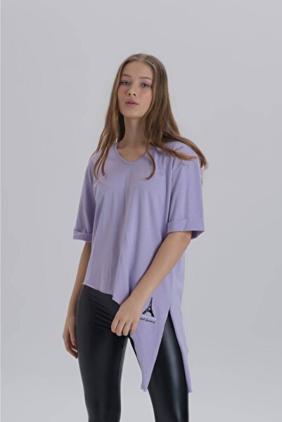 DAVID&GERENZO تي شيرت نسائي من Lilac بطبعة Eiffel بتفاصيل غير متماثلة