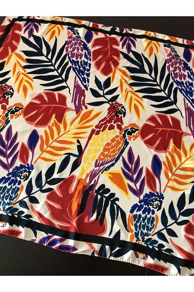 NFS BUTİK Vibrant Warm Flower Parrot Pattern Silk Satin Scarf