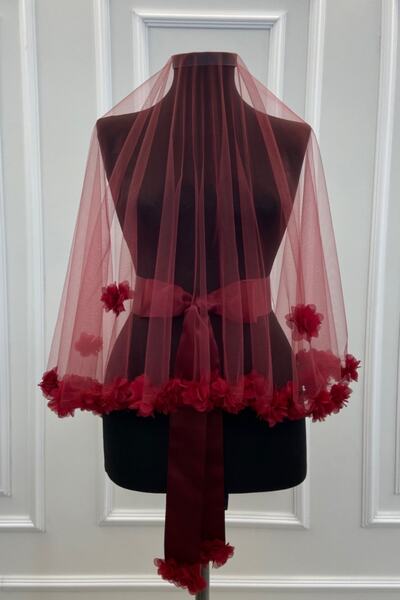 ZEYMERADE مجموعة حجاب الزفاف ثلاثية الأبعاد باللون العنابي