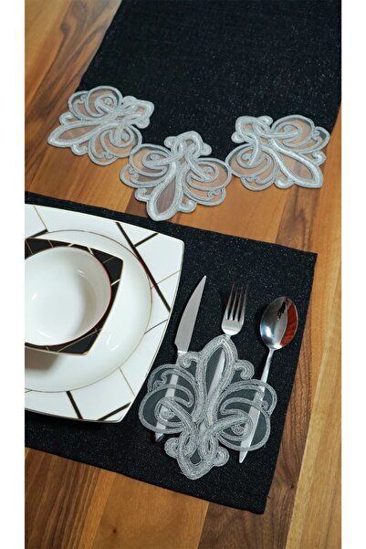 Viemso طقم مفرش وعداء من الكتان اللامع موديل فينتو مكون من 6 قطع (أسود)