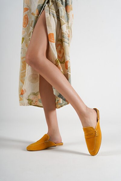 PASSAGE SHOES 6137 Papuci damă din piele întoarsă mustarda din piele naturală