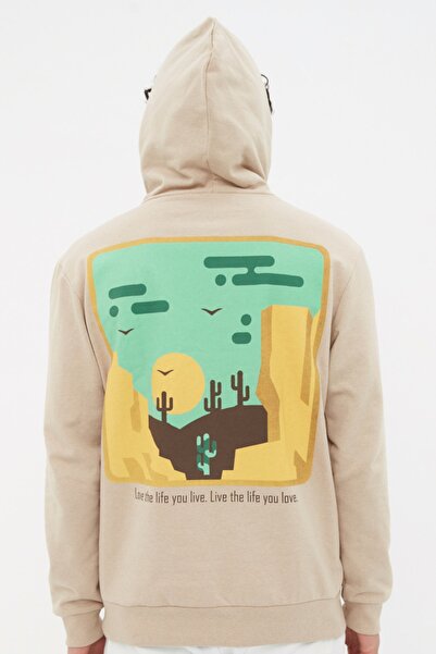 Trendyol Collection Beigefarbenes bedrucktes Herren-Sweatshirt mit normaler P...