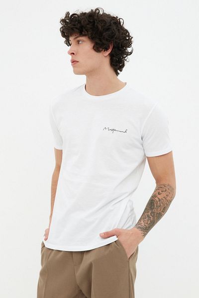 Trendyol Collection Λευκό Slim/Slim Fit Crew λαιμόκοψη κοντό μανίκι με γράμματα εμπριμέ 100% βαμβακερό T-shirt TMNSS20TS0083