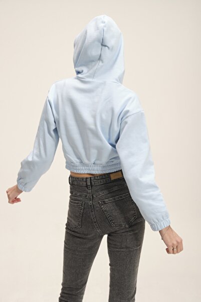 PUNKY CAT Жіночий синій кроп-топ з капюшоном і флісовою підкладкою