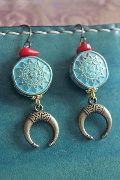 delay art Ethnic Authentic Bohemian Turquoise Long Dangle Women Earrings Handmade Crescent Moon Bijoux Jewelry