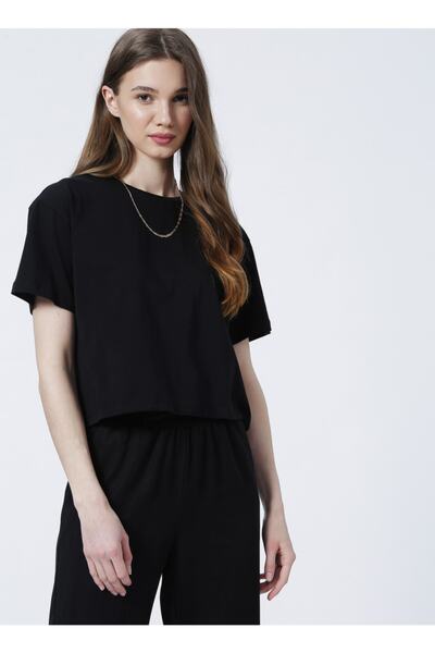 Fabrika Crew Neck Crop Plain Black Women's T-Shirt - K-Abella