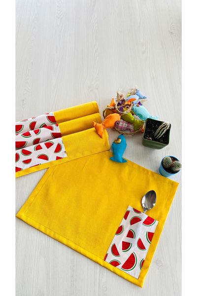 White Alamode Yellow Colored Watermelon Pattern Pocket Placemat Set