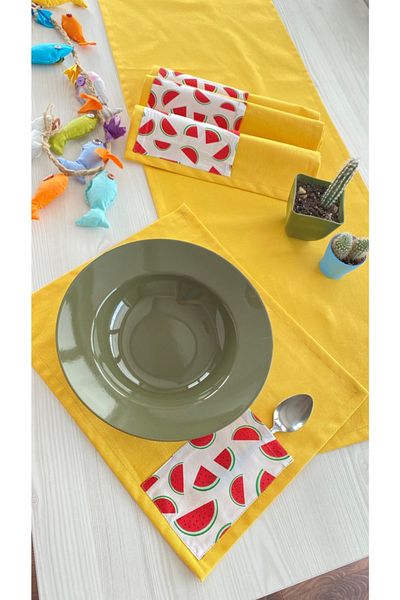 White Alamode Yellow Color Runner and Watermelon Pattern Pocket Placemat Set