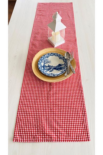 White Alamode Gingham Roșu Alb Long Flat Runner