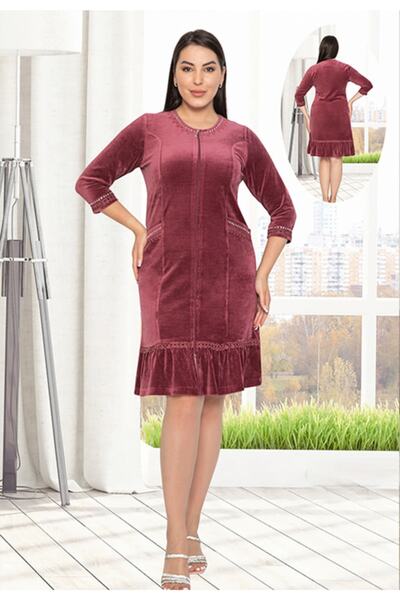 ESRATEKS Önü Fermuarlı Gül Kurusu Renk Taşlı Kadife Elbise