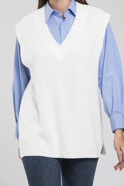 MUQKO Women's White V-Neck Oversize Slit Hijab Sweater