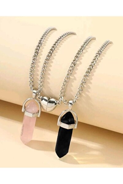 Genel Markalar İkili Mıknatıslı Doğal Taş Oniks Kuvars Sevgili Zincirli Kolye
