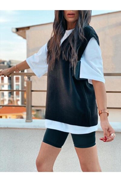 Genel Markalar Kadın Siyah Sıfır Kol Süveter