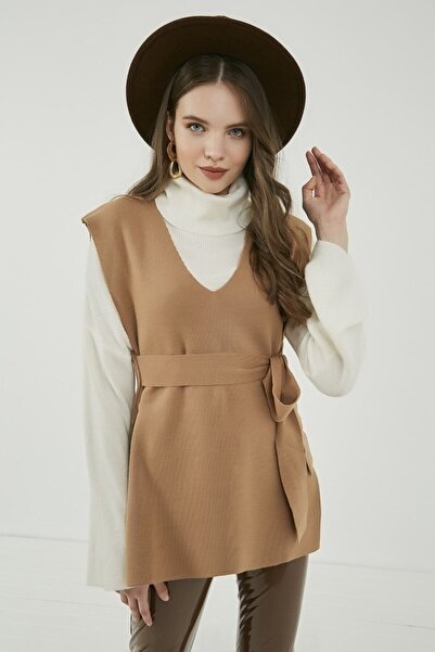 Noa Noa Дамски светлокафяв пуловер с колан