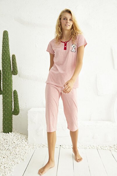 Siyah İnci Short Sleeve Buttoned Lycra Capri Set