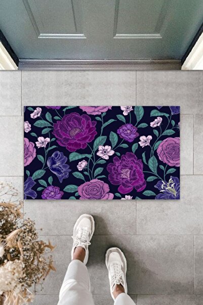 Silkcoat Home Çok Amaçlı Dijital Büyük Çiçekler Mor Kapı Paspası Dış Mekan Pa...