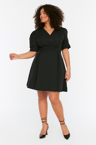 Trendyol Curve Black Woven Double Breasted Collar Dress TBBSS22EL2825