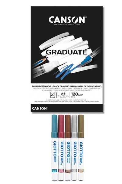 GLANCE Canson Graduate A4 Black Block 120 Gr 20 Yp Giotto Decor Metallic Felted Pen 5 Colors