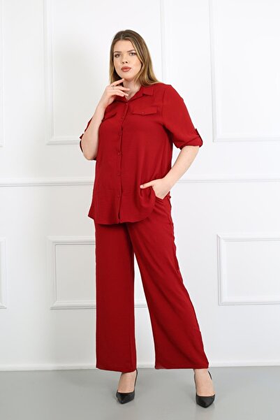 By Alba Collection Ženska košulja veće veličine od burgundijske ayrobin tkanine