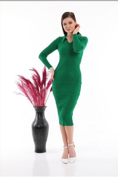 MODA MAÇKA PARK Moda Maçka Park Rochie tricotată cu gât polo verde smarald