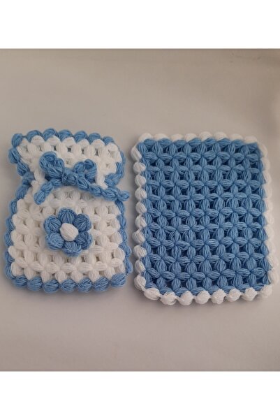 Ebrulisler El Örgüsü Mavi Çiçek Erkek Bebek 2'li Banyo Lif Seti